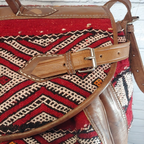 Moroccan Vtg Killim Leather Carry All Weekende - Picture 7 of 8